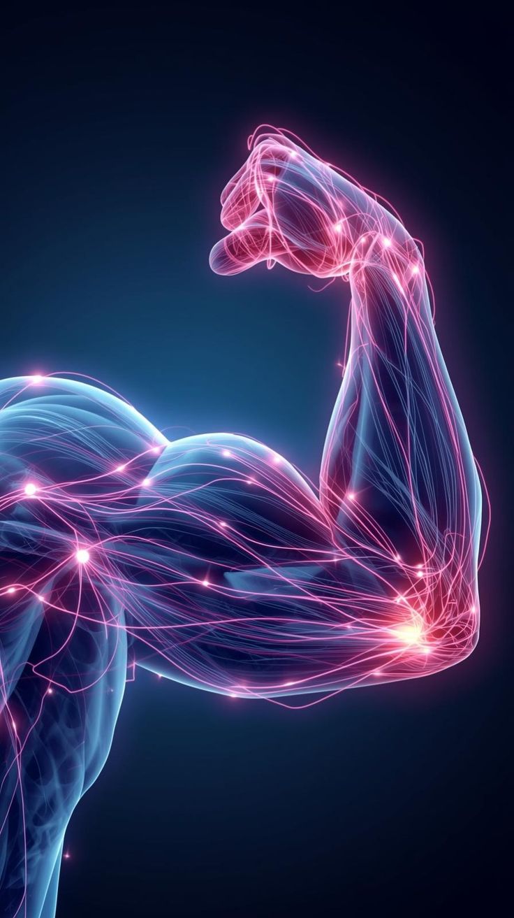 Megfeszített karizom energiaáramlás vizuális hatással, amely az izomépítést és regenerációt szimbolizálja – BCAA 2:1:1 blogbejegyzéshez.